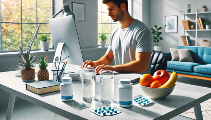 A focused person sits at a clean desk with nootropics, fresh fruits, and water, symbolizing mental clarity and hygiene.