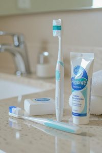 toothbrush, floss, and toothpaste