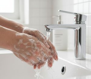 Close-up of hands being washed with soap under running water, emphasizing cleanliness and disease prevention.