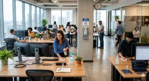 A clean modern office workspace with employees sanitizing desks, hand sanitizer stations, bright open office design, healthy workplace environment