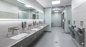 A modern public restroom with touch-free faucets, automatic soap dispensers, sensor hand dryers, clean healthcare-inspired design