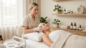 A clean and modern skincare wellness setting featuring a woman receiving a gentle facial treatment in a bright aesthetic clinic